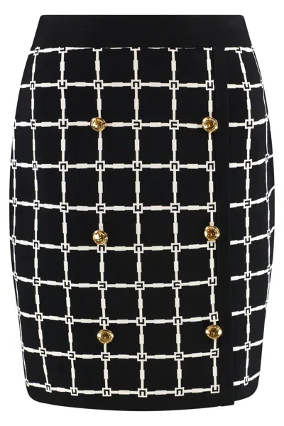 Elisabetta Franchi Black Jacquard Mini Skirt With Logo And Gold Buttons In Black