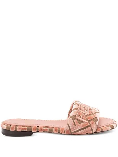 Fendi Velvet Slide Ff Open Toe Flat Sole In Multi