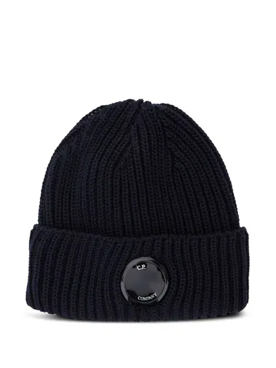 C.p. Company Blue Knit Beanie With Logo Plaque On The Front In Wool Man In Black