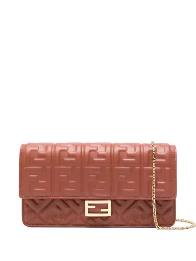 Fendi Wallet On Chain Uette In Nappa Leather With Ff Motif Accessories In Brown