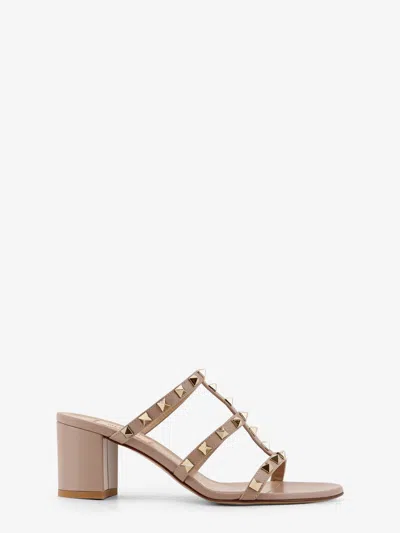 Valentino Rockstud Caged Metallic Leather Slide Sandals In Brown