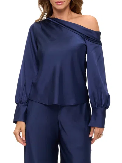 Renee C Drop Shoulder Satin Top In Blue