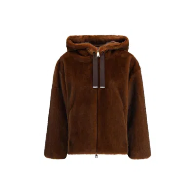 Herno Faux Fur Drawstring Hooded Bomber Jacket In Brown