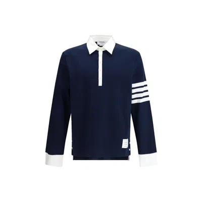 Thom Browne Cotton Polo Shirt With White Collar And Cuffs In Blue