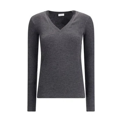 Brunello Cucinelli Women Long Sleeve Wool Ribbed Jersey T-shirt With Shiny Trim In Gray