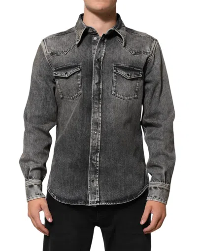 Dolce & Gabbana Black Washed Cotton Snap Long Sleeve Casual Shirt In Gray