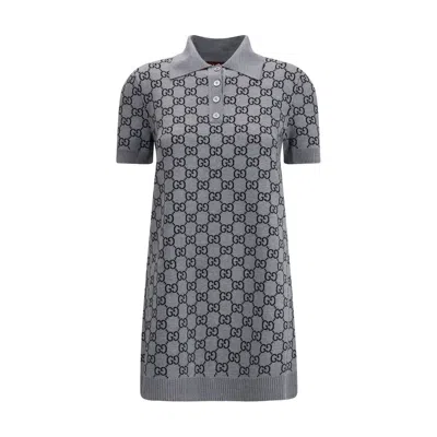 Gucci Grey And Blue Wool Mini Dress In Multi