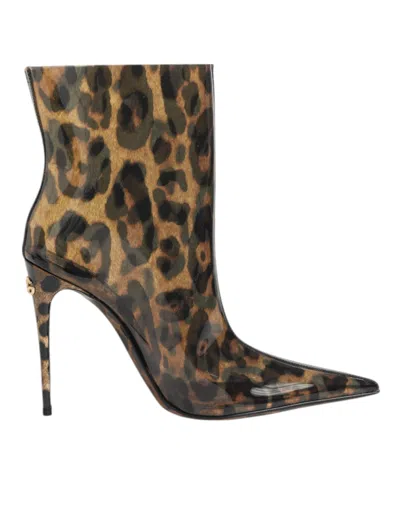 Dolce & Gabbana Leopard Print Pvc Pointed Toe Boots Shoes In White