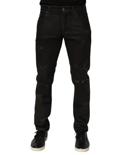 Dolce & Gabbana Dark Brown Tattered Cotton Skinny Denim Jeans In Black