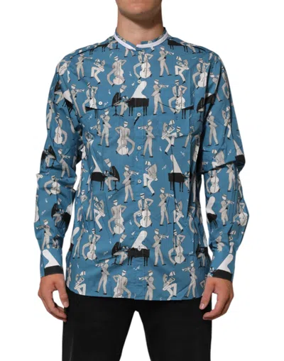Dolce & Gabbana Blue Jazz Printed Cotton Button Front Shirt In Blue