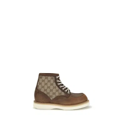 Gucci Laced Ankle Boot With Gg Insert Men In Brown