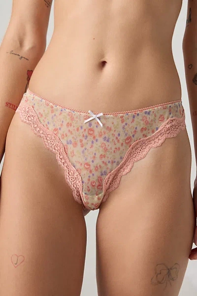 Out From Under Angel Mesh Lace Trim Thong In Pink Combo, Women's At Urban Outfitters In Pink