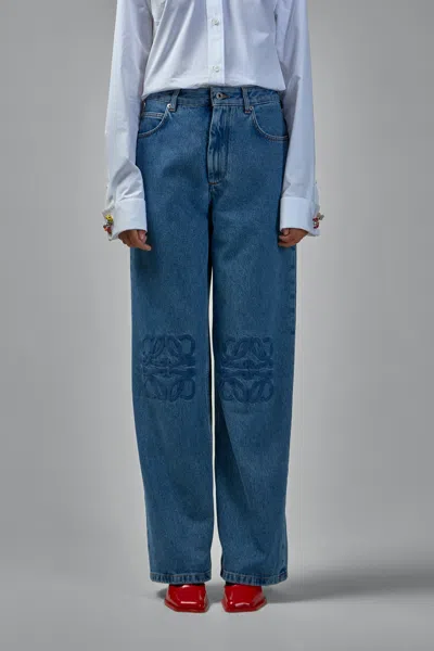 Loewe Baggy Jeans With Wide Leg And Anagram Cut-outs In Blue