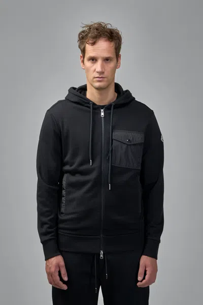 Moncler Hooded Drawstring Cardigan Chest Pocket In Black