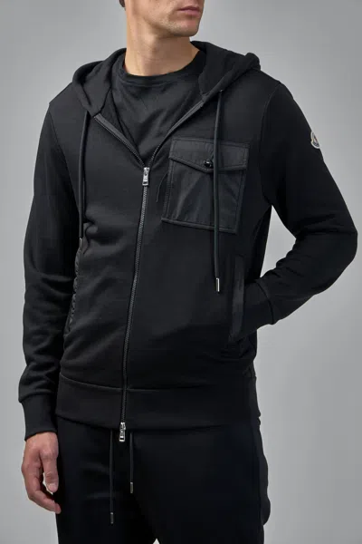 Moncler Hooded Drawstring Cardigan Chest Pocket In Black