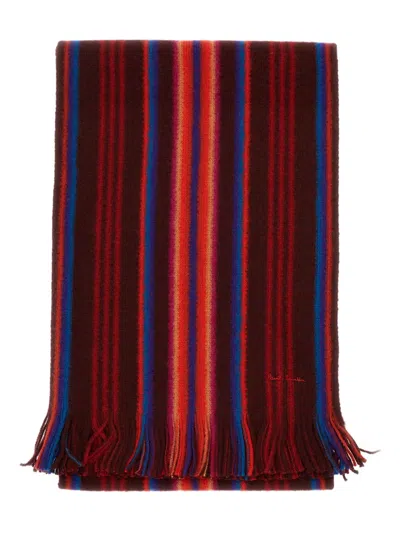 Paul Smith Fringed Merino Wool Scarf With Vertical Stripes In Red