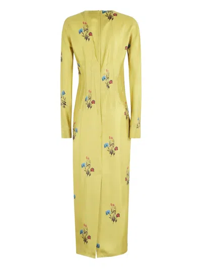 Marni Floral Embroidered Long Sleeve Dress In Yellow