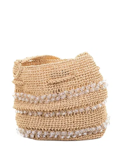 Maria La Rosa Crystal Beaded Bucket Bag In Neutral