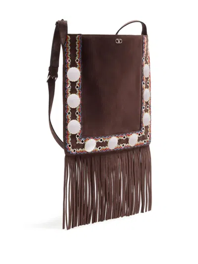 Valentino Suede Cross-body Bag With Fringe And Studs In Black