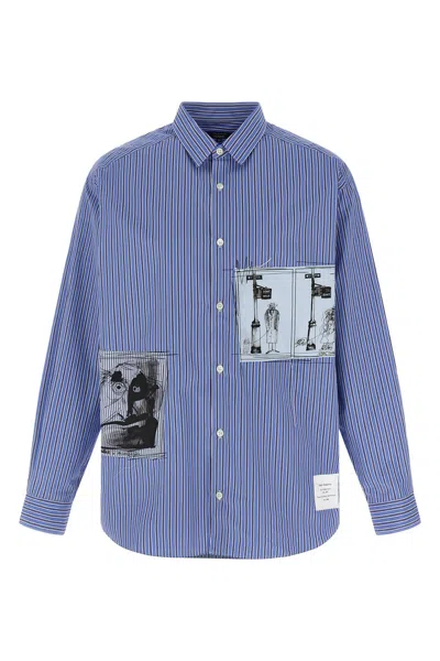 Comme Des Garçons Striped Shirt With Graphic Patches And Collar In Blue