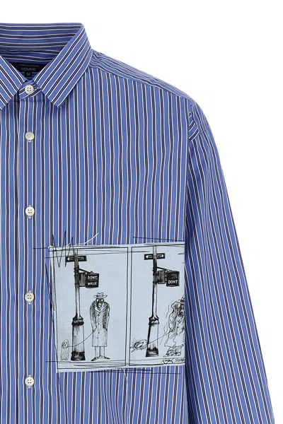 Comme Des Garçons Striped Shirt With Graphic Patches And Collar In Blue