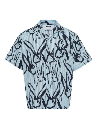 Msgm Rabbit-print Button-up Shirt In Blue