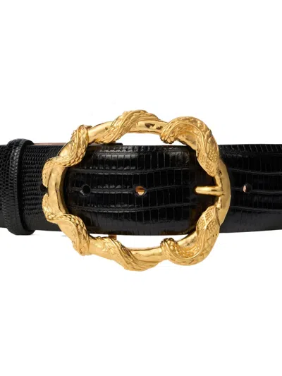 Roberto Cavalli Black Belt With Cobra Print And Snake Buckle In Black