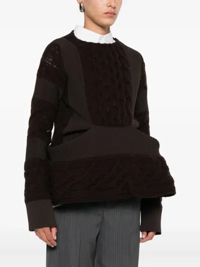 Sacai Wool Knit Round Neck Pullover In Burgundy