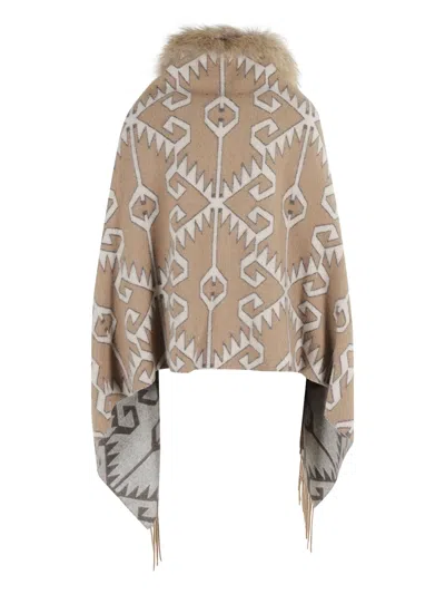 Bazar Deluxe Geometric Printed Wool Poncho With Eco Fur Collar In Neutral