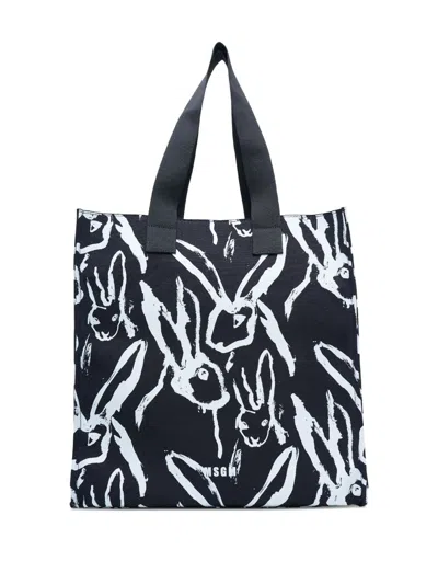 Msgm Rabbit-print Tote Bag In Black