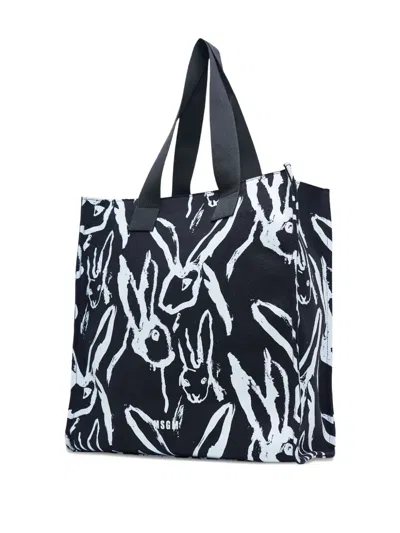 Msgm Rabbit-print Tote Bag In Black