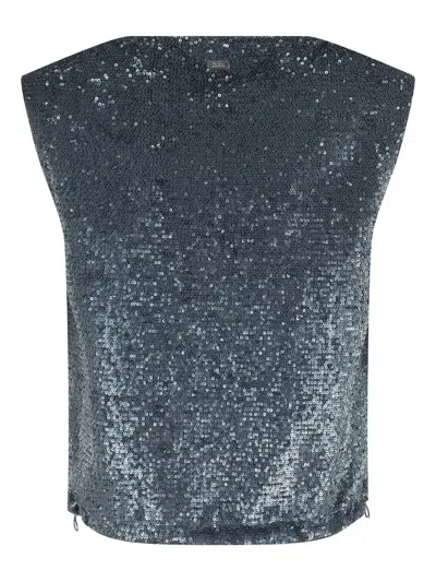 Herno Sleeveless Top With All-over Sequin Fabric In Blue
