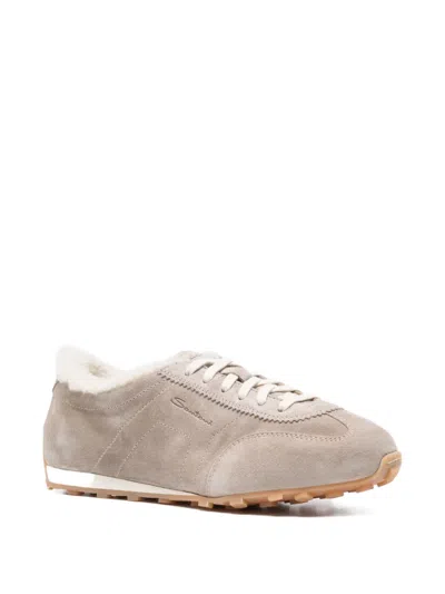 Santoni Suede And Shearling Sneakers In Neutral