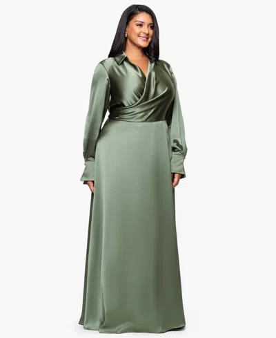 Xscape Plus Size Collared A-line Maxi Gown In Green