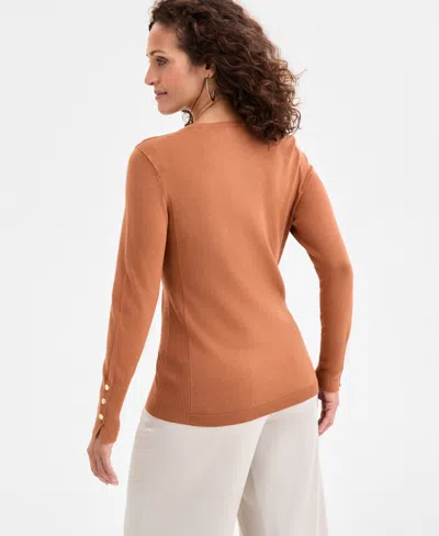 Jm Collection Women's Button-sleeve Crewneck Sweater, Created For Macy's In Brown