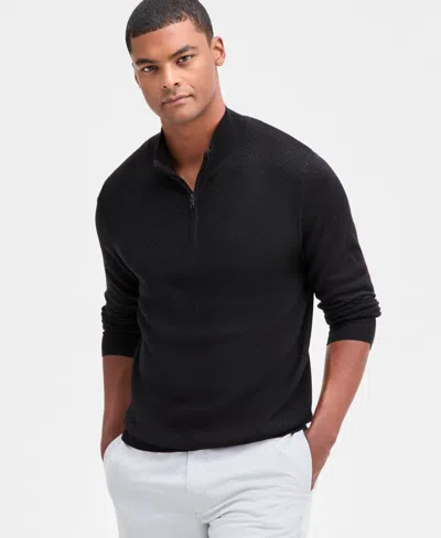 Alfani Men's Long Sleeve Textured Quarter-zip Sweater, Macy's Exclusive In Black