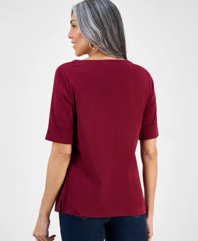Style & Co Style Co Womens Boat Neck Elbow Sleeve Cotton Top Pxs 4x Exclusively At Macys In Burgundy