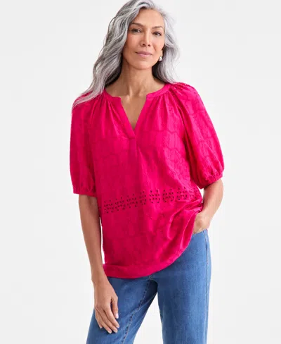 Style & Co Petite Eyelet Summer Split-neck Top, Exclusively At Macy's In Red