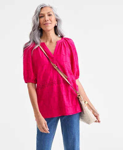 Style & Co Petite Eyelet Summer Split-neck Top, Exclusively At Macy's In Red