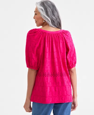 Style & Co Petite Eyelet Summer Split-neck Top, Exclusively At Macy's In Red