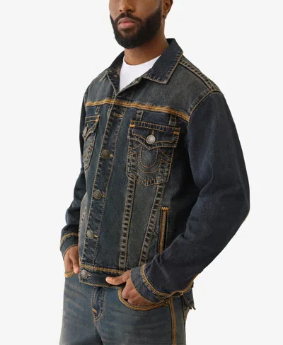 True Religion Super Flatlock Denim Trucker Jacket In Black
