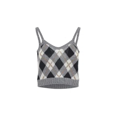 Prada Sleeveless Cropped Knit Argyle Tank Top In Gray