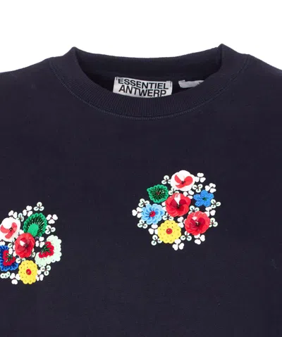 Essentiel Antwerp Navy And Multicolor Cotton Sweatshirt With Floral Sequin And Bead-embellished Embroideries In Blue