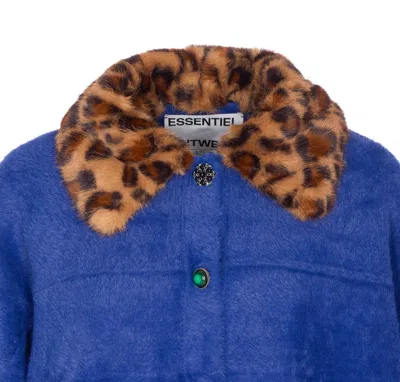 Essentiel Antwerp Leopard-print Collar Embellished-button Cardigan In Blue