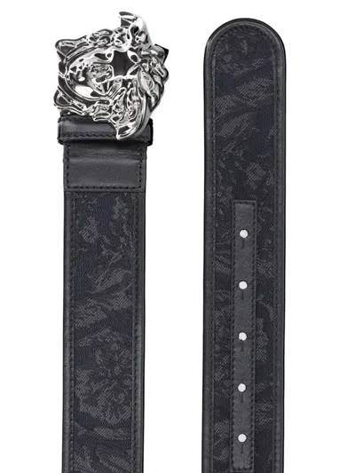 Versace Adjustable Textured Belts Decorative Buckle In Black