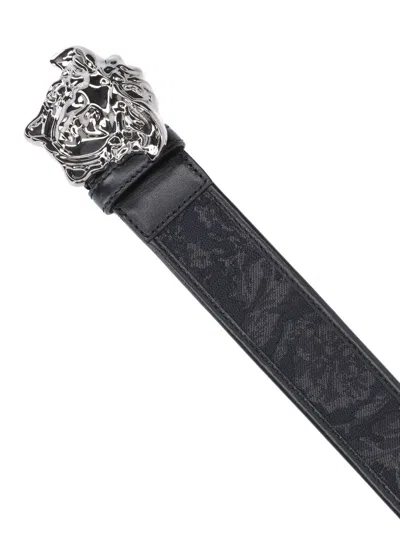 Versace Adjustable Textured Belts Decorative Buckle In Black