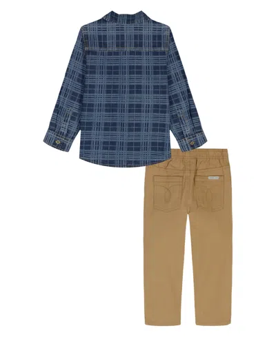 Calvin Klein Boys 2t-7 2-piece Printed Denim Shirt And Twill Pants Set In Blue