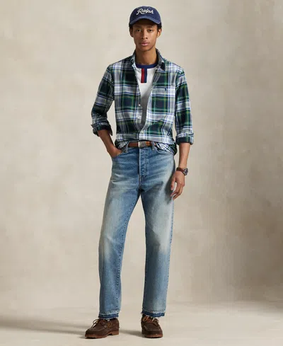 Polo Ralph Lauren Mens White/gree Checked Logo-embroidered Cotton Shirt In Green