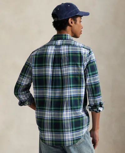 Polo Ralph Lauren Mens White/gree Checked Logo-embroidered Cotton Shirt In Green