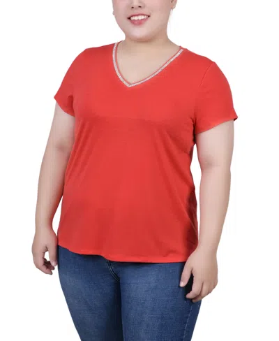 Ny Collection Plus Size Short Sleeve Top With Stone Details In Red
